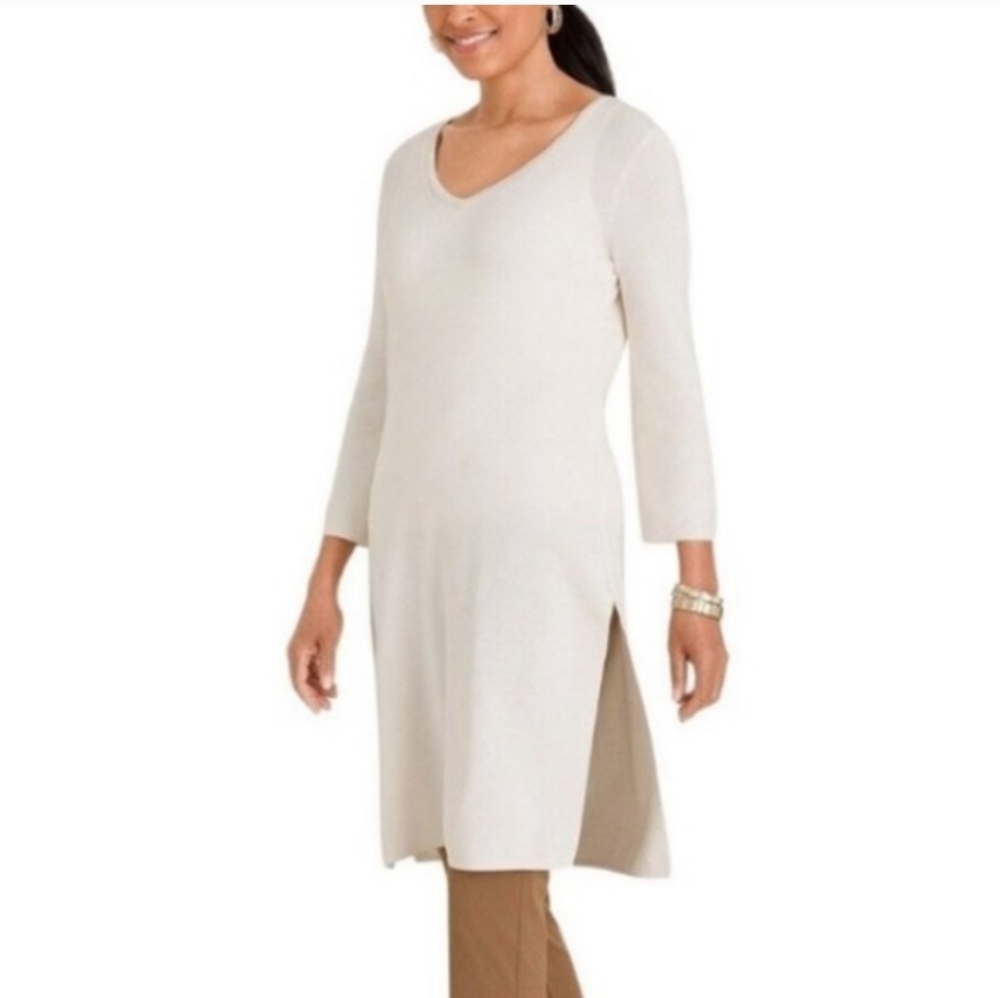 Chicos Travelers S Long Tunic Rib Knit Top Stretch Office Work Beach Coastal